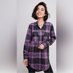 Plaid Button-Up Shirt - Purple and Black